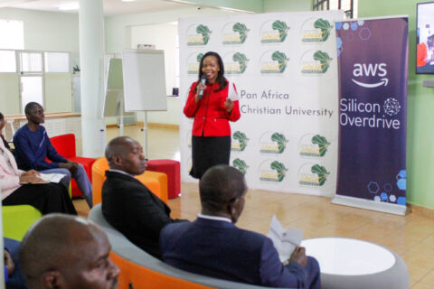 PAC University Librarian, Ms. Josleen Rutere, speaks at the launch ceremony